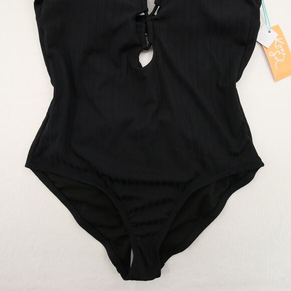 Kona Sol One Piece Swimsuit Black Ribbed Scoop Neck Lace Up Size Small NWT - Picture 4 of 14